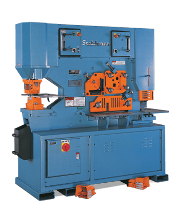 Scotchman USA made dual operator 85-ton hydraulic ironworker with fully integrated tools made for metal fabricating